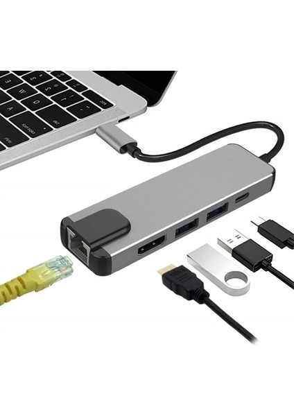 5in1 Type-C (Usb-C) HDMI Hub ve RJ45 Lan (Ethernet) Adaptörü: 4K (1080P) Hdmı, 2 x USB 3.0 ve Type-C USB Port Çoklayıcı Çevirici