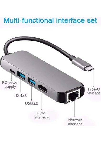 5in1 Type-C (Usb-C) HDMI Hub ve RJ45 Lan (Ethernet) Adaptörü: 4K (1080P) Hdmı, 2 x USB 3.0 ve Type-C USB Port Çoklayıcı Çevirici