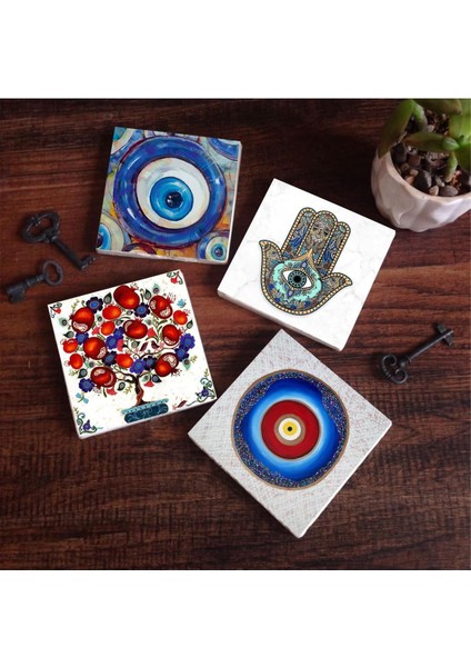 Nazar, Nar Ağacı, Fatma Ana Eli (Hamsa) Taş Bardak Altlığı Seti - 4 Parça - Dekoratif, Rustik Mutfak Aksesuarı, 10X10 Cm, Kaydırmaz Tabanlı, Şık ve Dayanıklı SC370