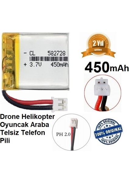 Ph 2.0 450 Mah 3.7V Siyah Soket Drone Helikopter Oyuncak Araba Telsiz Telefon Pili