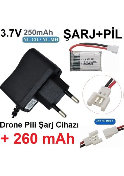 Drone Pili Şarj Cihazı + 260 Mah Pil Jst Ph Mx2.0 Fiş Güç Adaptörü 3.7V