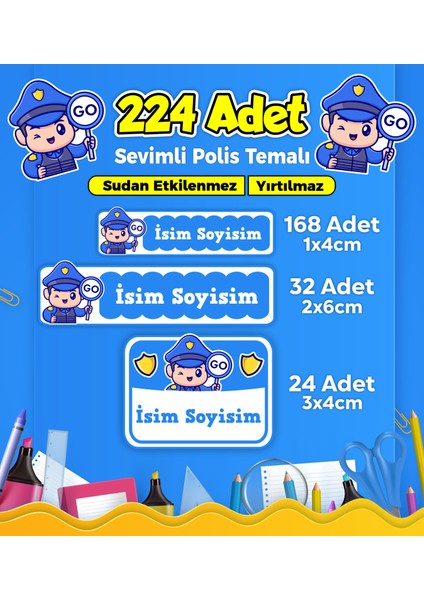 Sevimli Polis Temalı Okul Kreş Kişiye Özel Isim Etiket Seti - Model 314