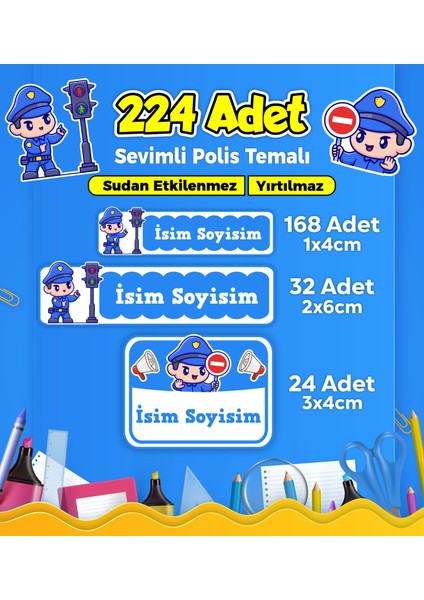 Sevimli Polis Temalı Okul Kreş Kişiye Özel Isim Etiket Seti - Model 313