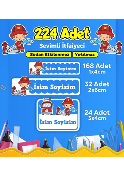 Sevimli Itfaiyeci Temalı Okul Kreş Kişiye Özel Isim Etiket Seti - Model 319
