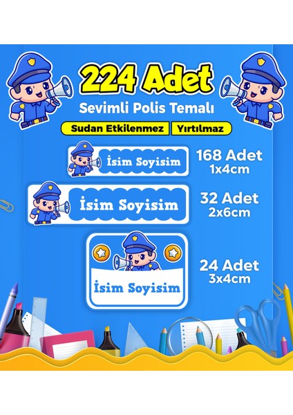 Sevimli Polis Temalı Okul Kreş Kişiye Özel Isim Etiket Seti - Model 312