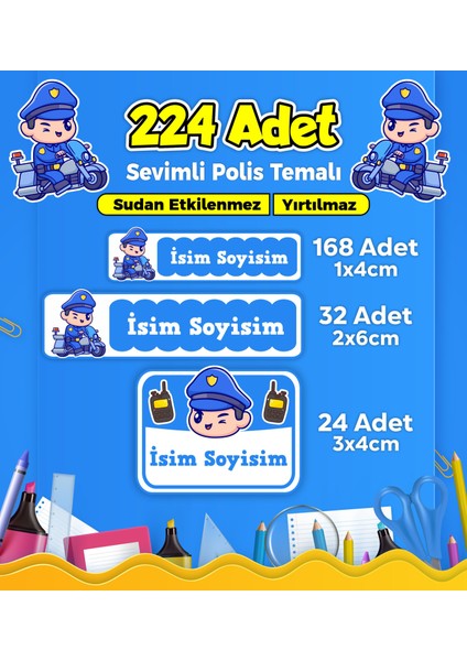 Sevimli Polis Temalı Okul Kreş Kişiye Özel Isim Etiket Seti - Model 311