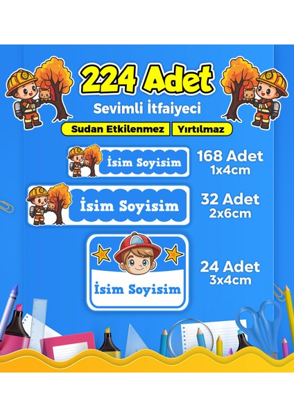 Sevimli Itfaiyeci Temalı Okul Kreş Kişiye Özel Isim Etiket Seti - Model 317