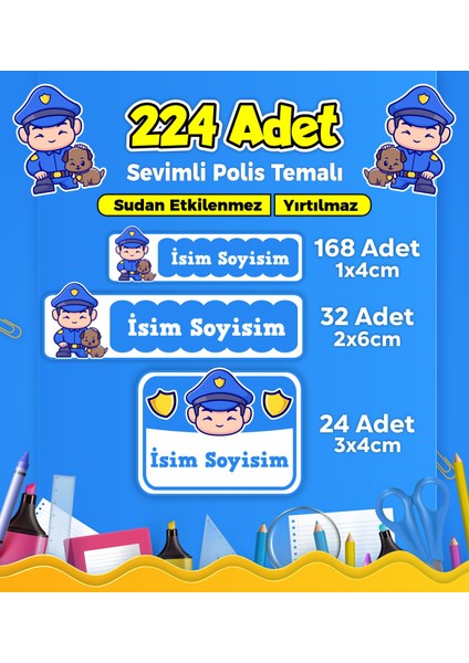 Sevimli Polis Temalı Okul Kreş Kişiye Özel Isim Etiket Seti - Model 310