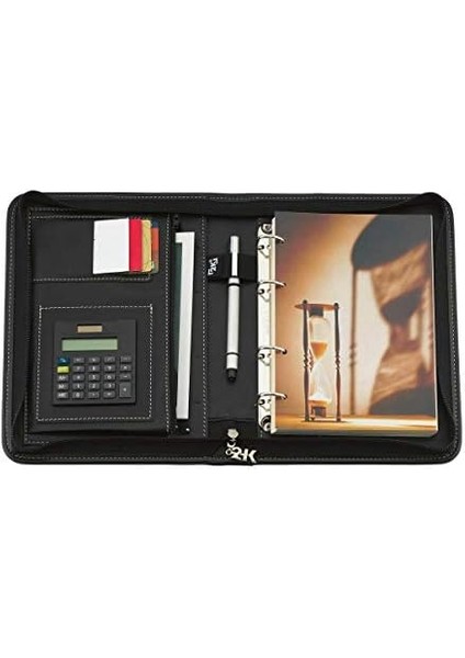 5280 Ajanda Tarihsiz Kareli Suni Deri Fermuarlı 4 Halka Mekanizmalı Hesap Makineli Organizer, Siyah, 21X27 Cm.