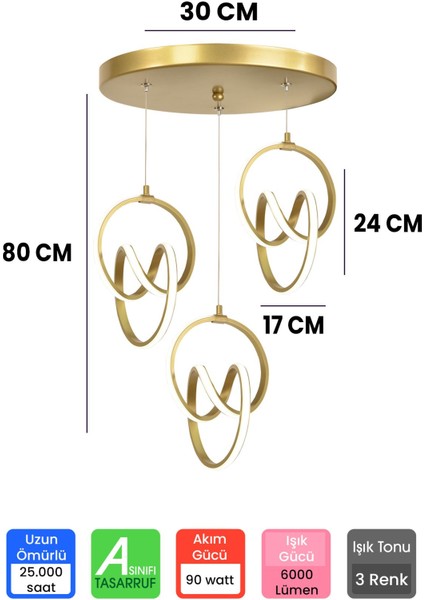 UltraNova 3 Renk Kumandalı Gold Kasa Dimmerli Led Avize, Alüminyum, 3'lü, 30x30 cm