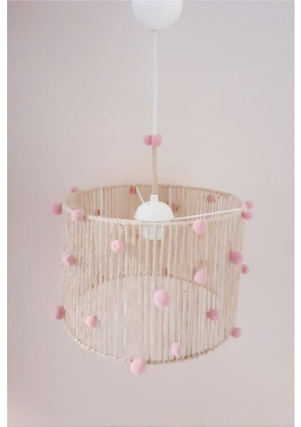 UltraNova Pembe Ponponlu Hasır İp Sargılı Çocuk Odası Sarkıt Avize, 30x30 cm