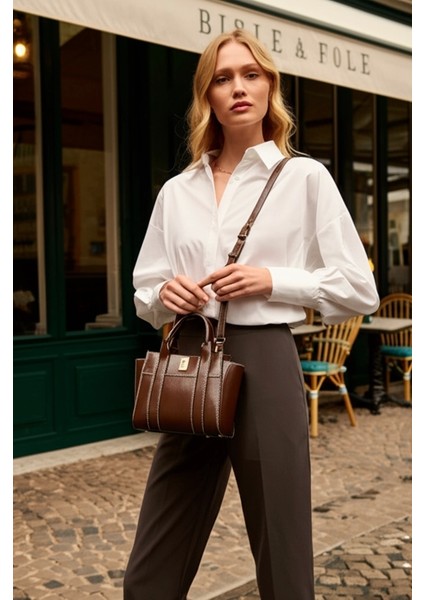 Kadın Mini Tote Çanta El ve Omuz Kullanımına Uygun Modern Gold Tokalı Tasarım