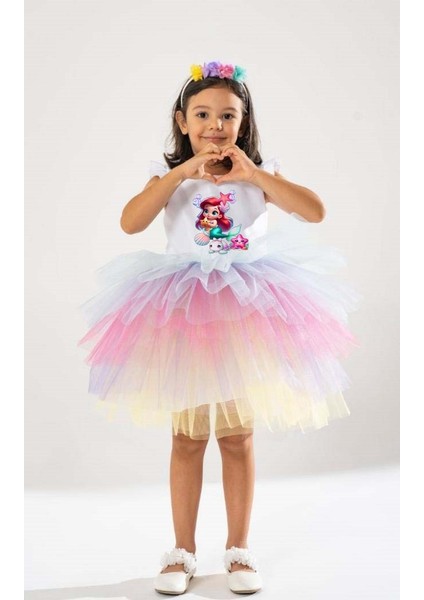 Deniz Kızı ve Denizyıldızı Temalı Kız Çocuk Doğum Günü Elbisesi ve Parti Kostümü (Taçli)