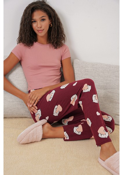 4323 Desenli Pijama Altı - Bordo