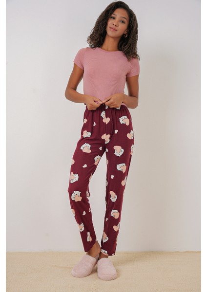 4323 Desenli Pijama Altı - Bordo