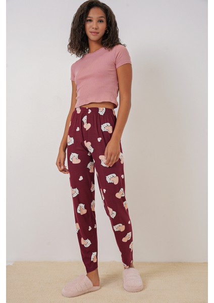 4323 Desenli Pijama Altı - Bordo