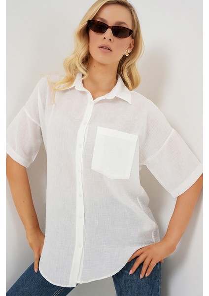 Kadın Kısa Kol Keten Görünümlü Gömlek 20336 - Beyaz