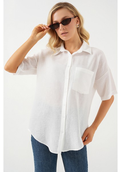 Kadın Kısa Kol Keten Görünümlü Gömlek 20336 - Beyaz modelleri