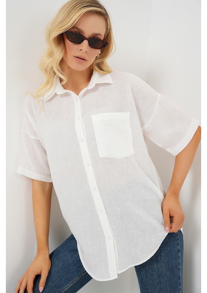 Kadın Kısa Kol Keten Görünümlü Gömlek 20336 - Beyaz fırsatları