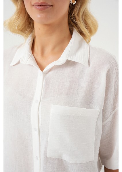 Kadın Kısa Kol Keten Görünümlü Gömlek 20336 - Beyaz indirimleri