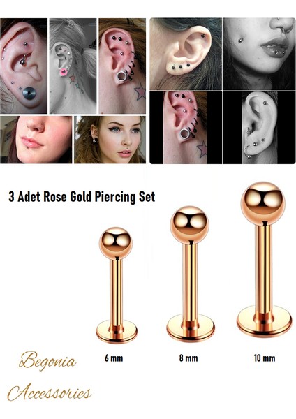 Cerrahi Çelik, 6 mm 8 mm 10 mm Bar, 3 Adet Septum Labret Piercing Küpe Set, Kaş, Dudak, Burun, Kulak Kullanımına Uygundur