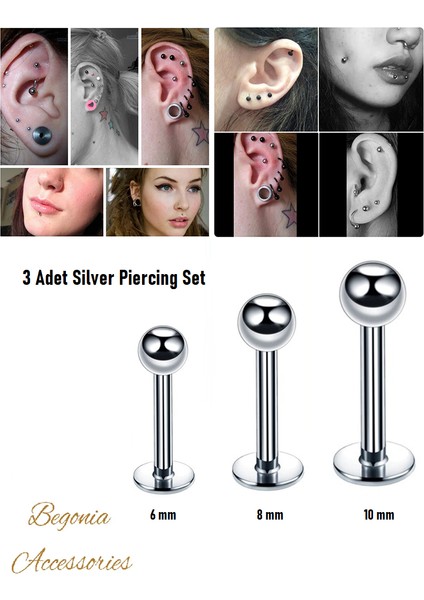 Cerrahi Çelik, 6 mm 8 mm 10 mm Bar, 3 Adet Septum Labret Piercing Küpe Set, Kaş, Dudak, Burun, Kulak Kullanımına Uygundur