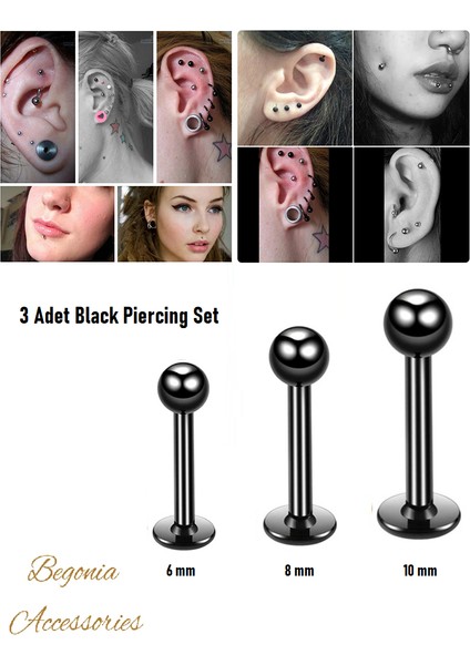 Cerrahi Çelik, 6 mm 8 mm 10 mm Bar, 3 Adet Septum Labret Piercing Küpe Set, Kaş, Dudak, Burun, Kulak Kullanımına Uygundur