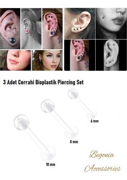 Cerrahi Çelik, 6 mm 8 mm 10 mm Bar, 3 Adet Septum Labret Piercing Küpe Set, Kaş, Dudak, Burun, Kulak Kullanımına Uygundur