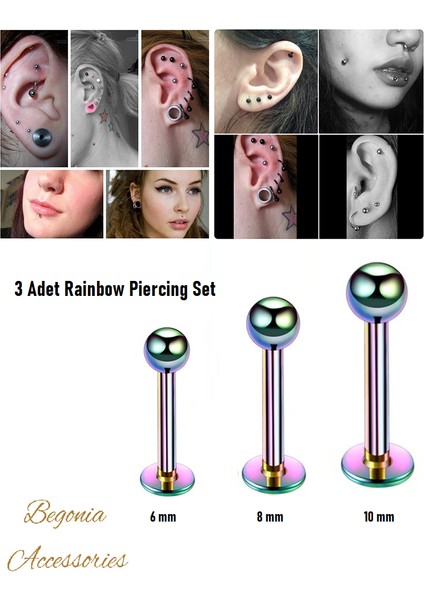 Cerrahi Çelik, 6 mm 8 mm 10 mm Bar, 3 Adet Septum Labret Piercing Küpe Set, Kaş, Dudak, Burun, Kulak Kullanımına Uygundur