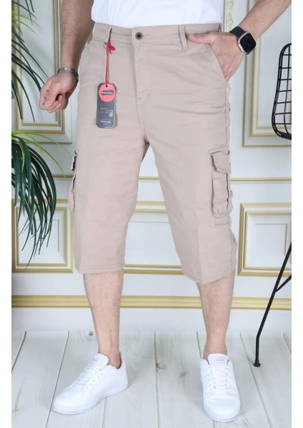 Krem Erkek Slim Fit Kapri Likralı Gabardin/kanvas Kargo Cepli Bermuda