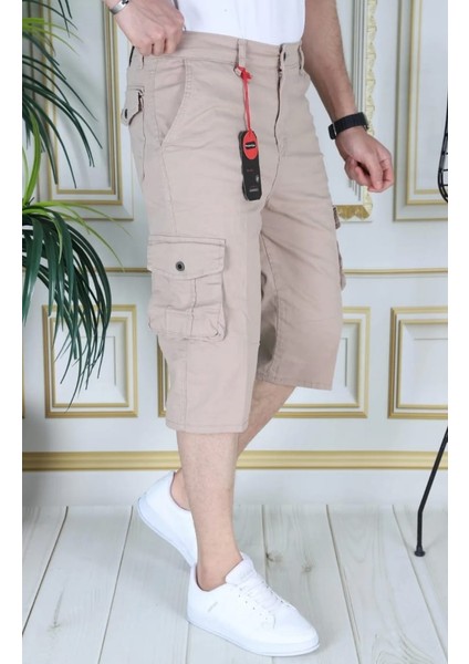 Krem Erkek Slim Fit Kapri Likralı Gabardin/kanvas Kargo Cepli Bermuda fiyatları