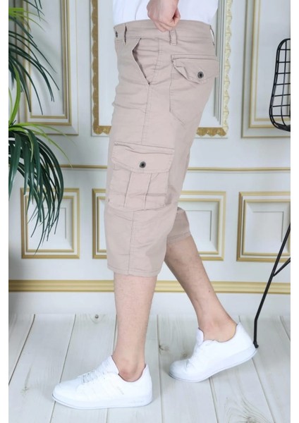 Krem Erkek Slim Fit Kapri Likralı Gabardin/kanvas Kargo Cepli Bermuda modelleri