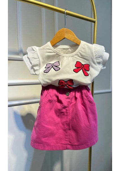 Kız Çocuk Fiyonk Nakışlı Badili Premium Denim Etekli Takım