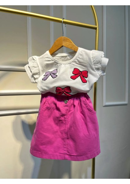 Kız Çocuk Fiyonk Nakışlı Badili Premium Denim Etekli Takım modelleri