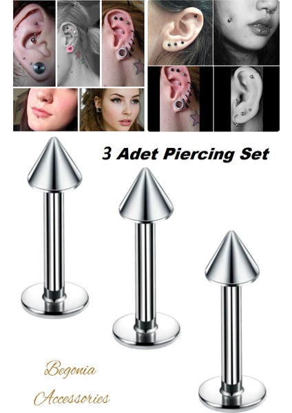 Cerrahi Çelik, 6 mm 8 mm 10 mm Bar, 3 Adet Septum Spike Labret Piercing Küpe Set, Kaş, Dudak, Burun, Kulak Kullanımına Uygundur