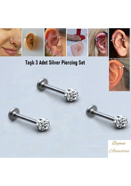 Cerrahi Çelik, 6 mm 8 mm 10 Mm Bar , 3 Adet Septum Şambala Labret Piercing Küpe Set, Kaş, Dudak, Burun, Kulak Kullanımına Uygundr