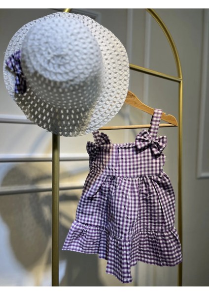 Kız Çocuk Kareli Şapkalı Askılı Premıum Elbise