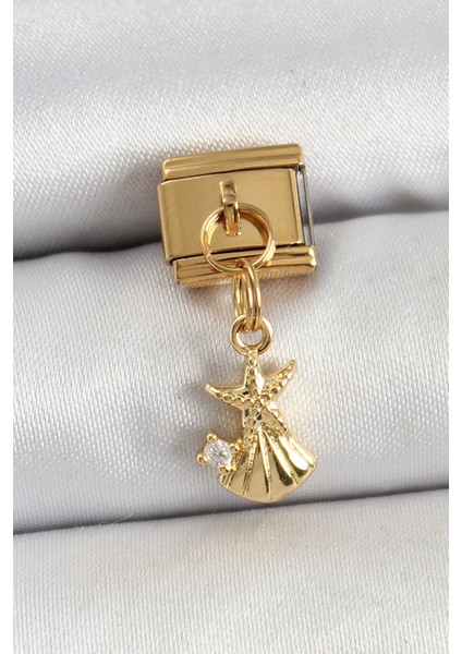 316L Çelik Sallantılı Zirkon Taşlı Deniz Yıldızı ve Istiridye Model Gold Renk Nomination Charm