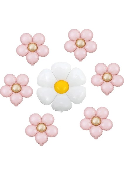 BAL10 7'li Pembe Beyaz Papatya Folyo Balon Seti
