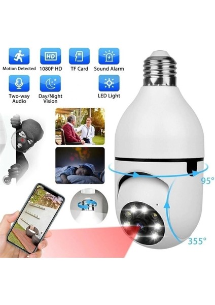Gece Görüşlü 360 Derece 1080P Wifi Kamera - Kablosuz Panoramik Ev Güvenlik Ampul Kamerası