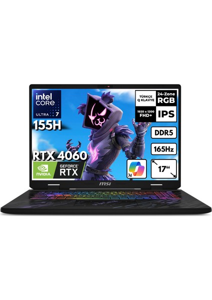 Msı Pulse 17 Aı Ultra 7-155H 64-GB DDR5 2 TB SSD RTX4060 (8GB-140W) 17" Fhd+ 165Hz Windows 10 Pro Taşınabilir Bilgisayar C1VFKG-083XTRHMF53