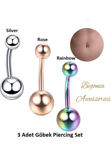 , 316L Cerrahi Çelik, Toplu 3 Adet Göbek Piercing Set