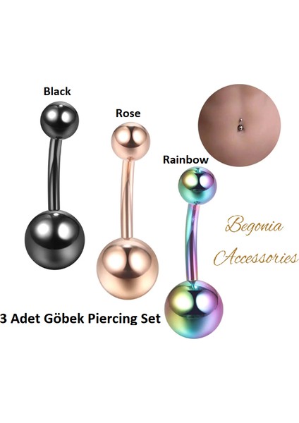 , 316L Cerrahi Çelik, Toplu 3 Adet Göbek Piercing Set