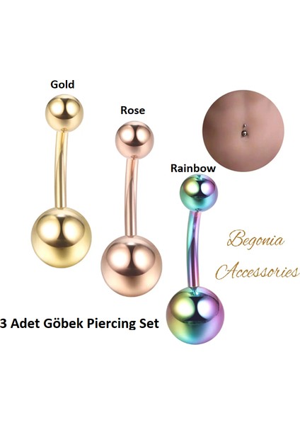 , 316L Cerrahi Çelik, Toplu 3 Adet Göbek Piercing Set