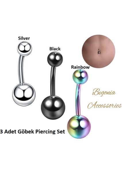 , 316L Cerrahi Çelik, Toplu 3 Adet Göbek Piercing Set