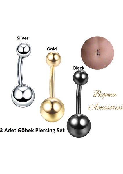 , 316L Cerrahi Çelik, Toplu 3 Adet Göbek Piercing Set