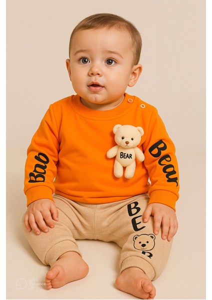 Erkek Kız Bebek 2'li Takım – Peluş Ayıcık Detaylı Sweatshirt ve Eşofman Altı