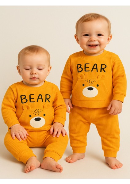 Erkek Kız Bebek Ayıcık Desenli 2’li Ribana Takım - Uzun Kollu