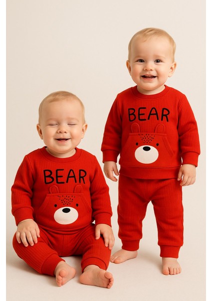 Erkek Kız Bebek Ayıcık Desenli 2’li Ribana Takım - Uzun Kollu