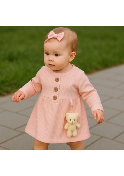 Pembe Fiyonklu Peluş Ayıcık Aksesuarlı Kız Bebek Elbise – 6/9/12 Ay